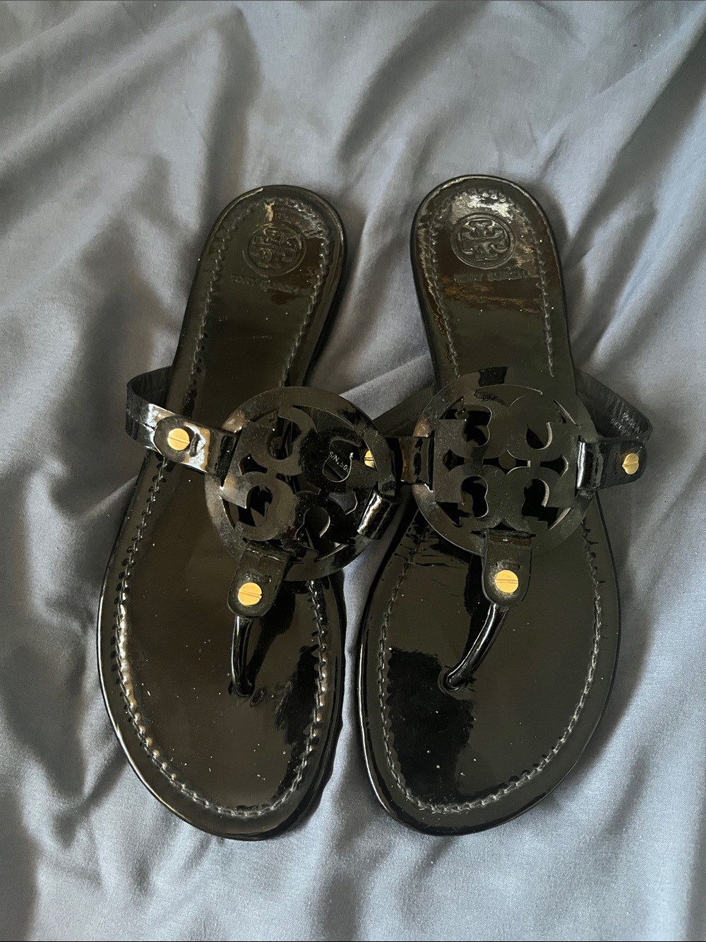 Tory Burch Black Patent Miller Logo Thong Sandals